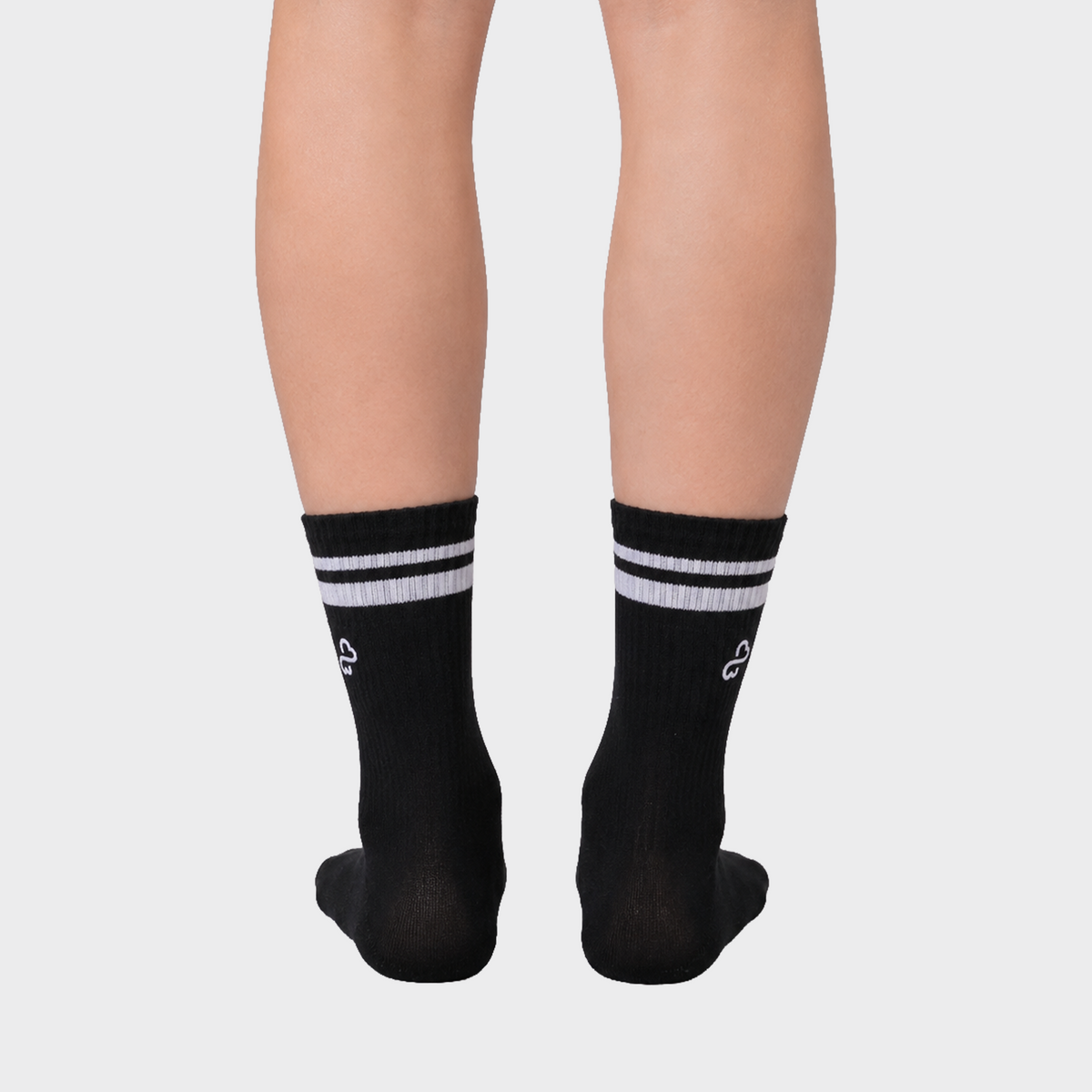 Bodiwealth Black striped crew socks, back on model
