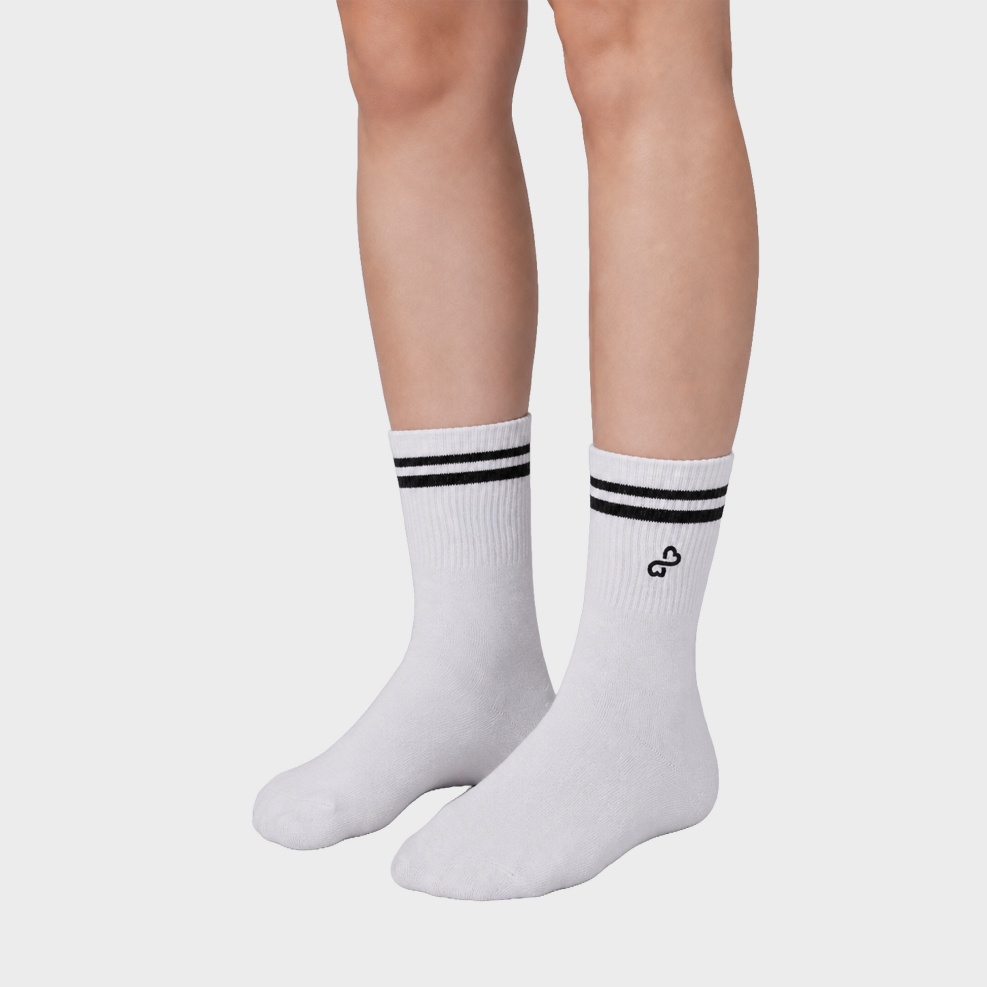 Bodiwealth White striped crew socks, three quarter side on model