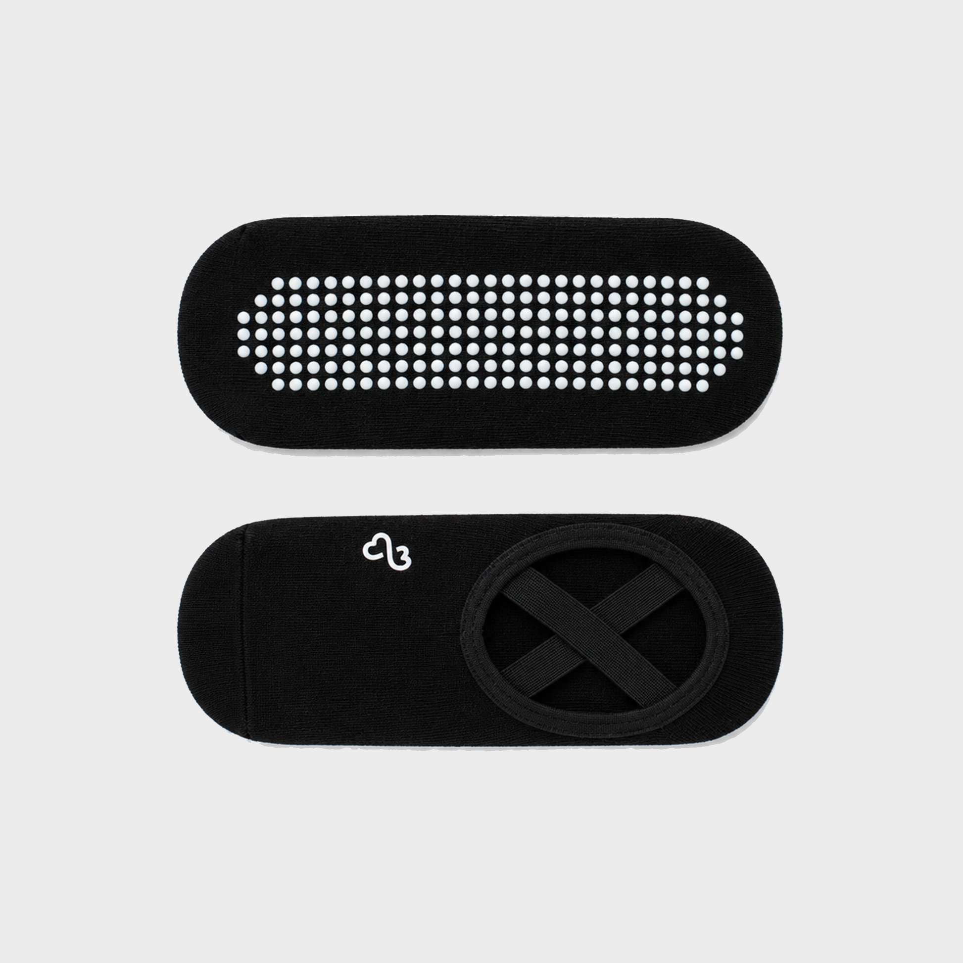Bodiwealth Black cross strap yoga socks, construction and grip detail