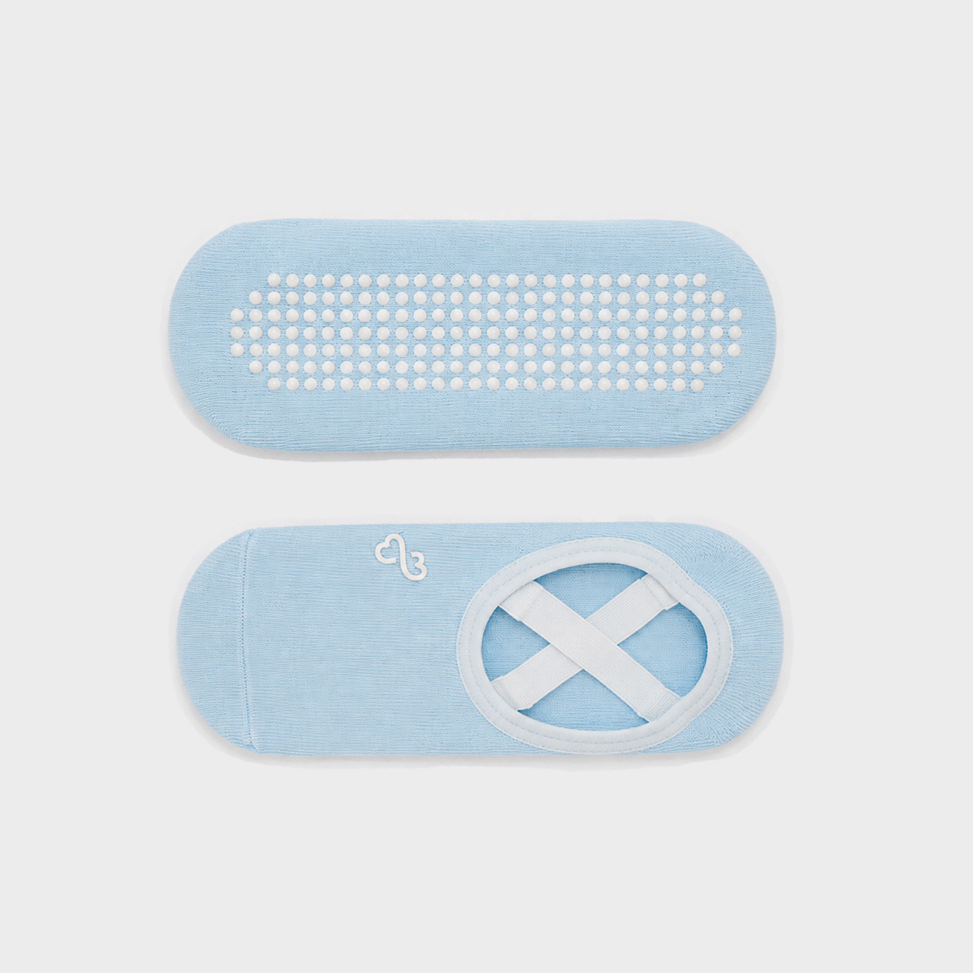 Bodiwealth blue cross strap yoga socks, construction and grip detail