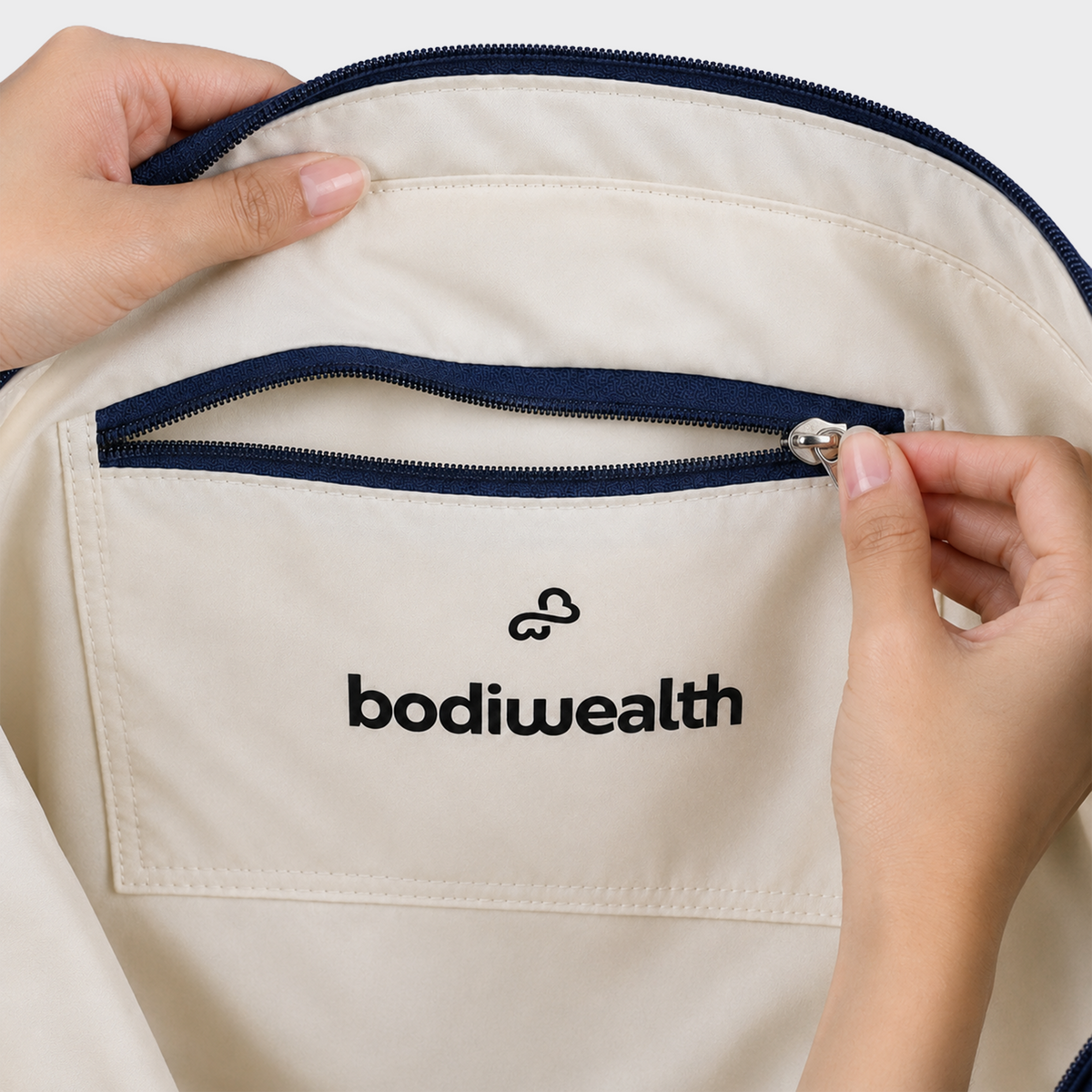 Bodiwealth Deep Blue yoga tote bag with mat holder, zipper and branding detail