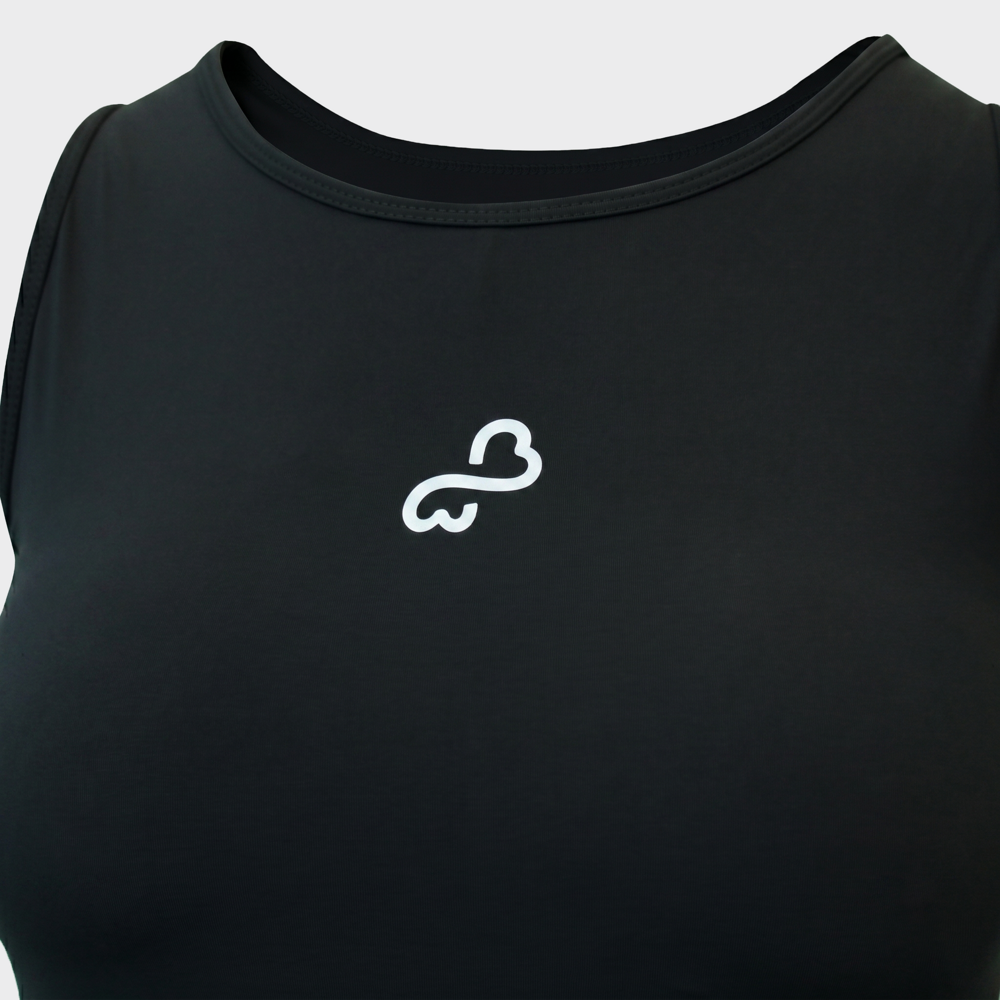 Bodiwealth Black sports tank, Front logo and neckline detail