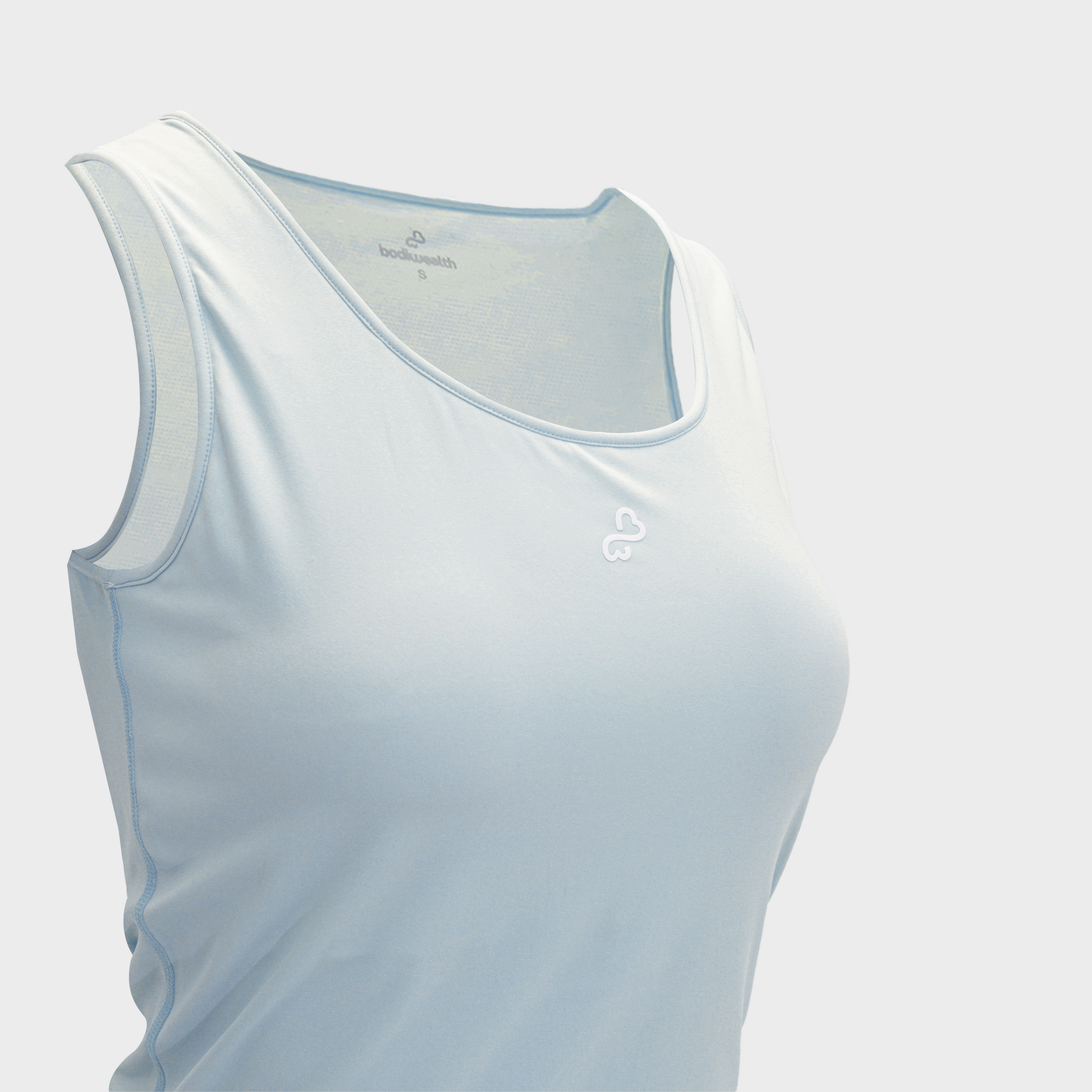 Bodiwealth Light Blue slim sports tank, Front neckline and logo detail