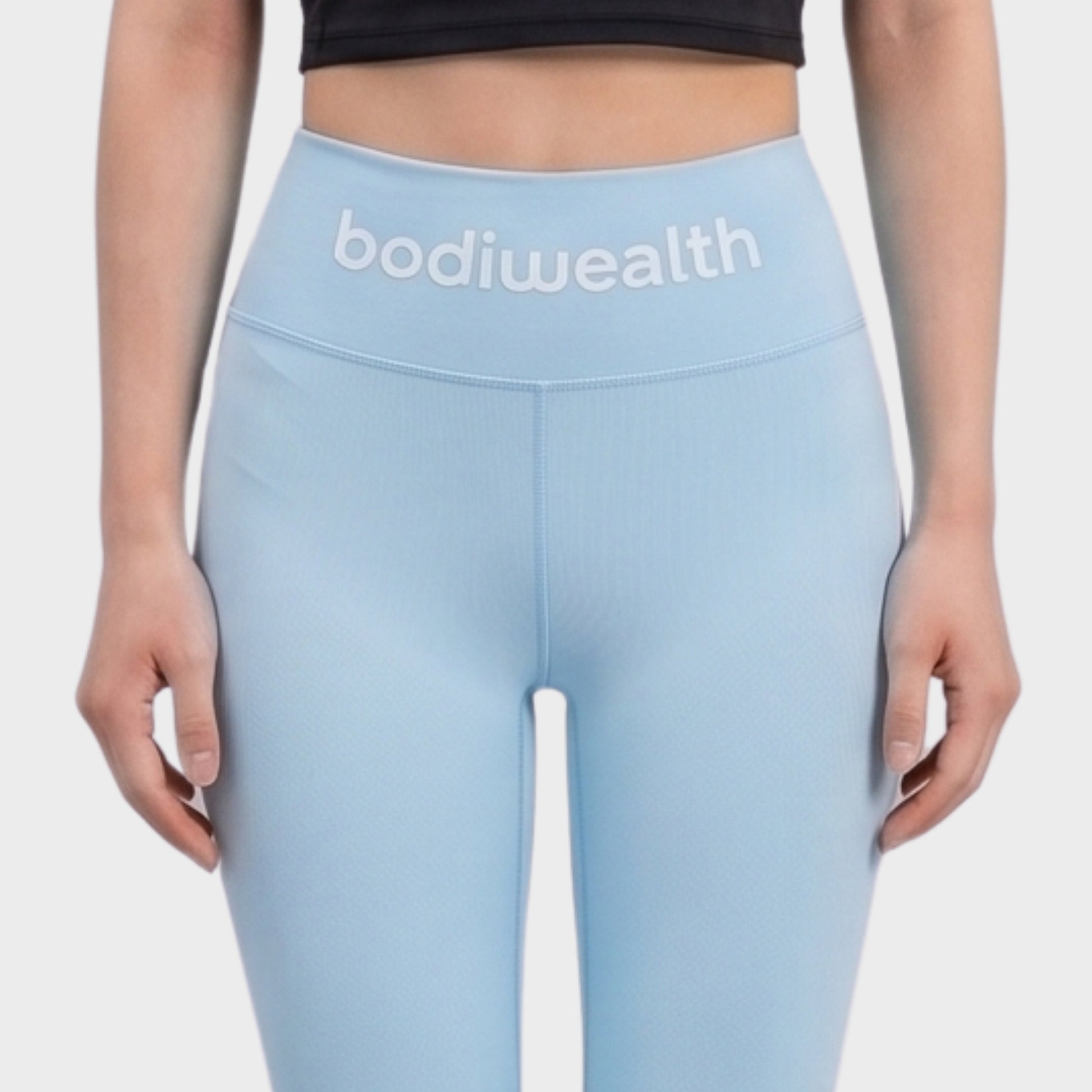 Bodiwealth Light Blue high waist yoga leggings, model front detail