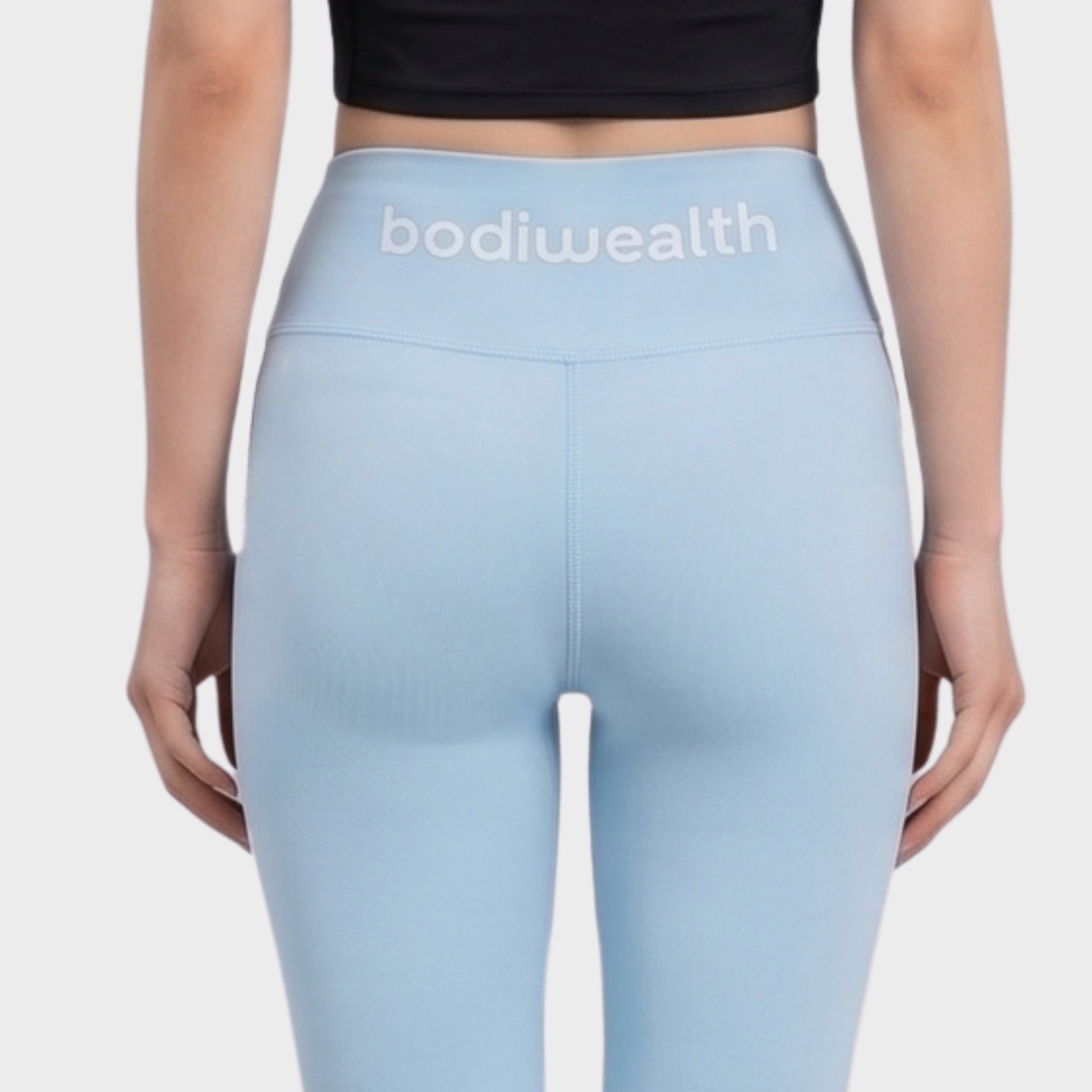 Bodiwealth Light Blue high waist yoga leggings, model back detail