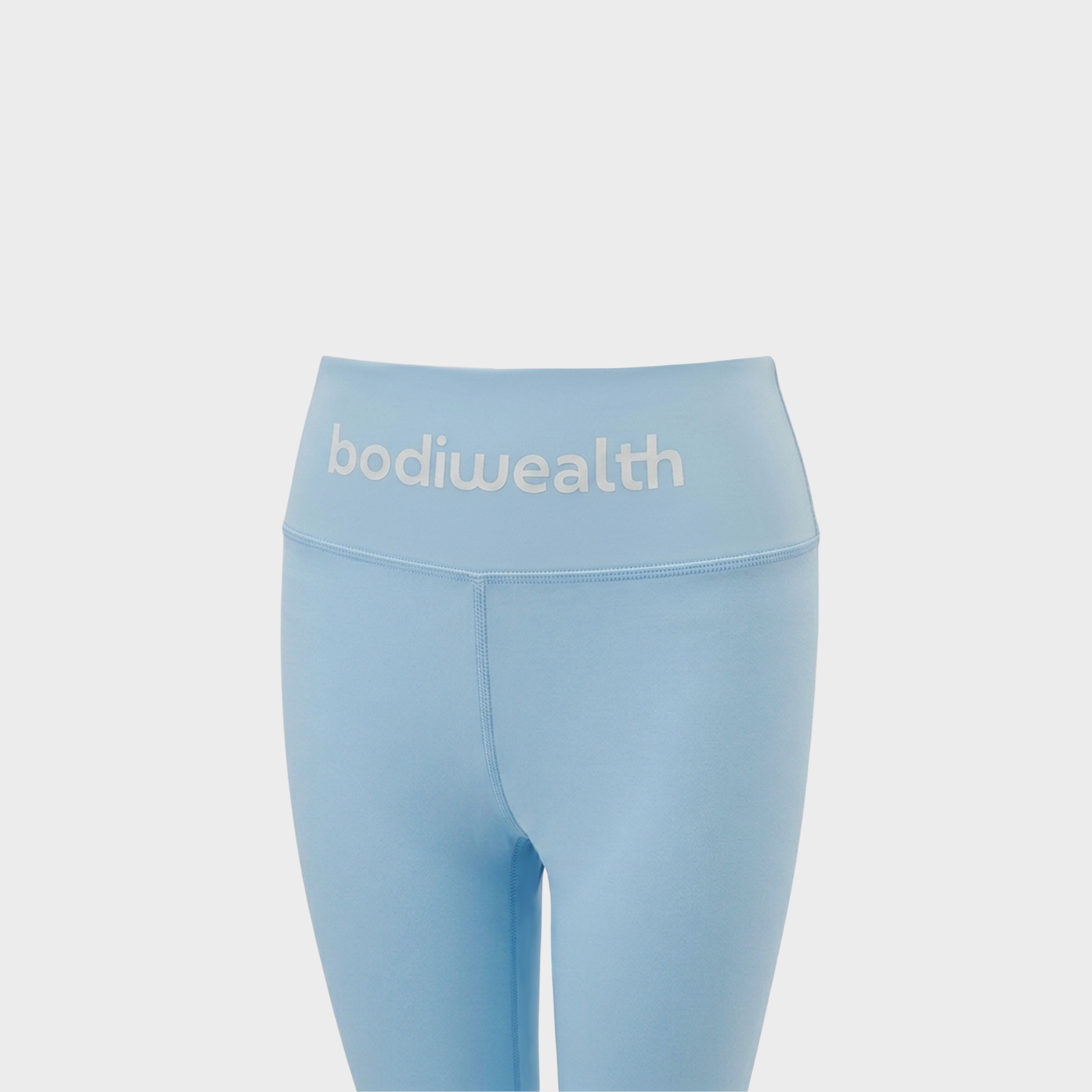 Bodiwealth Light Blue high waist yoga leggings, front waistband detail