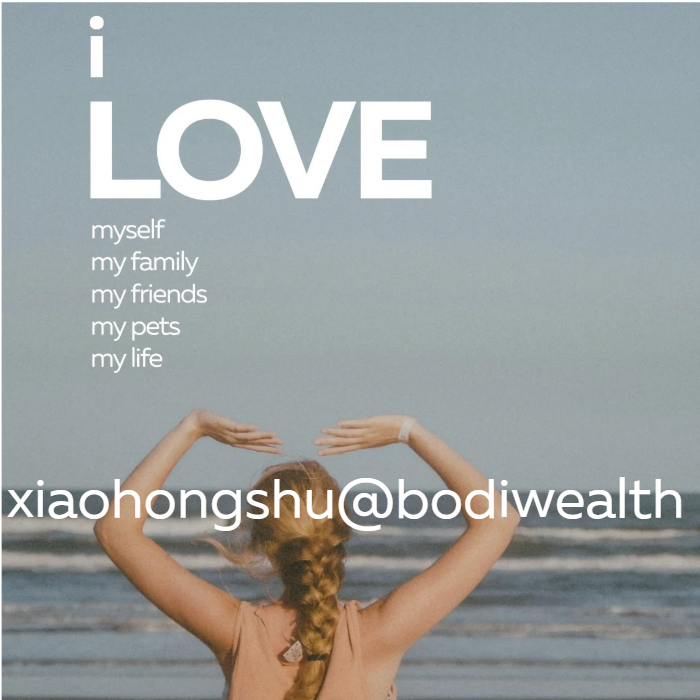 Bodywealth inspirational graphic with text 'i LOVE' followed by a list 'myself, my family, my friends, my pets, my life' displayed over an image of a person with braided hair making a heart shape with their arms while facing the ocean, with Instagram handle @xiaohongshu@bodiwealth.
