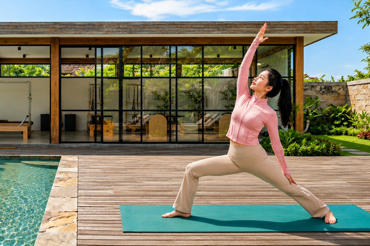 Person in pink long-sleeve top and beige pants performing a yoga pose on a turquoise mat on a wooden deck beside a pool, with a modern glass-walled building and lush garden in the background.