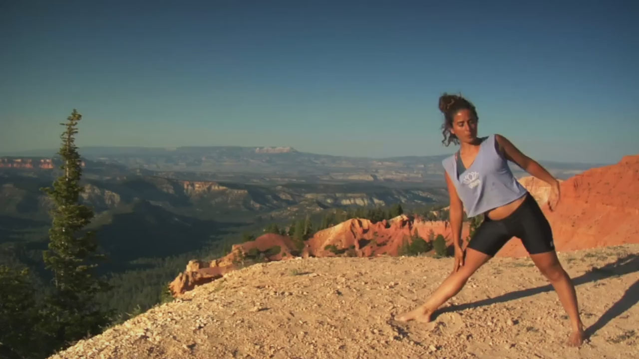 Person in a gray tank top and black shorts stretching on a rocky mountain overlook, with expansive forested valley and distant snow-capped peaks visible under clear blue sky.