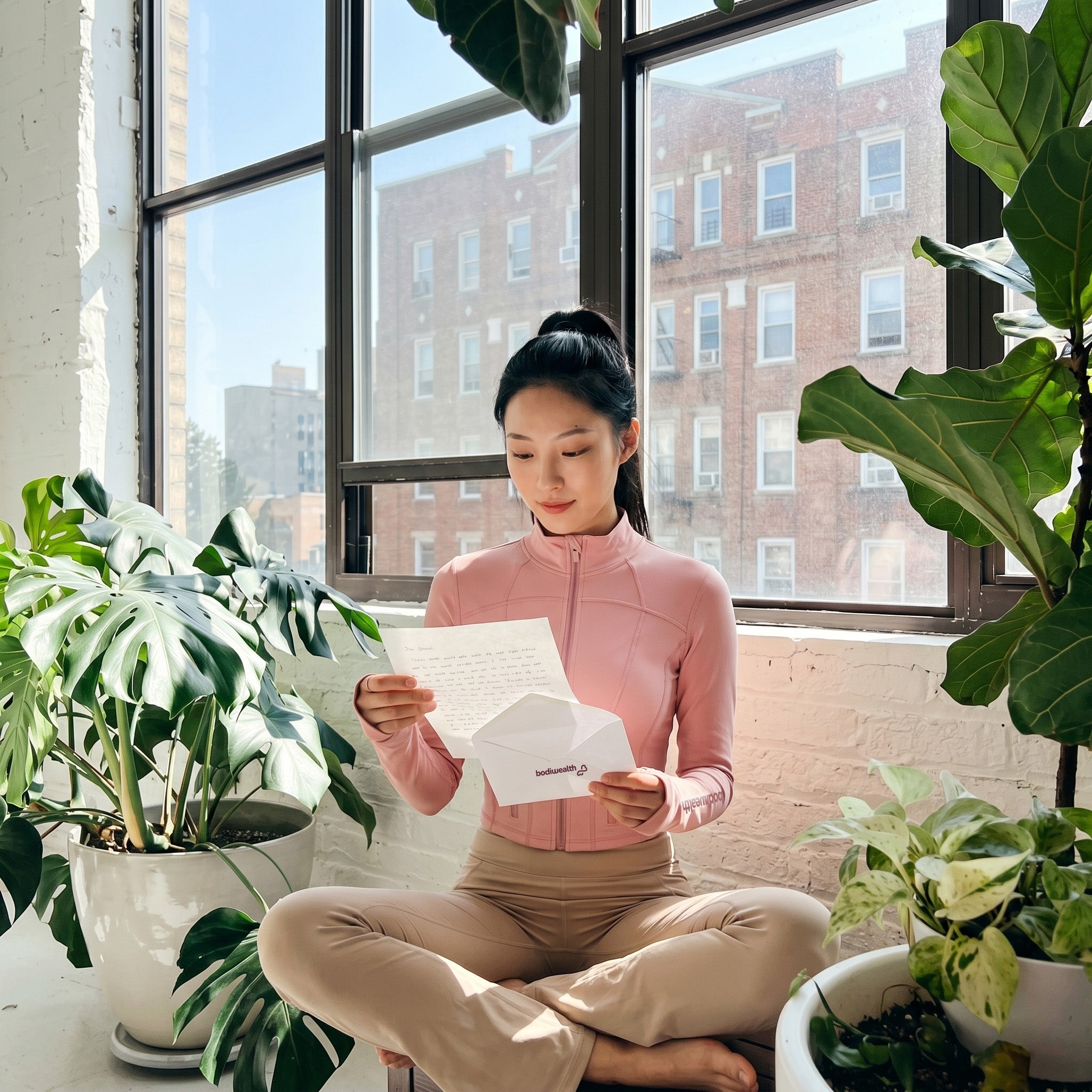 Person in a pink zip-up jacket and beige pants sitting cross-legged on a windowsill surrounded by potted plants, reading a document with a view of brick apartment buildings through large windows behind them.